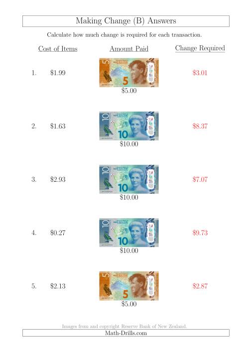 The Making Change from New Zealand Banknotes up to $10 (B) Math Worksheet Page 2