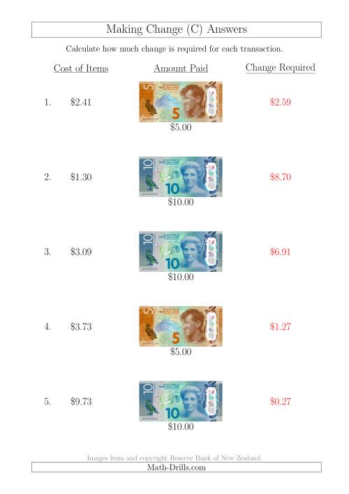 The Making Change from New Zealand Banknotes up to $10 (C) Math Worksheet Page 2