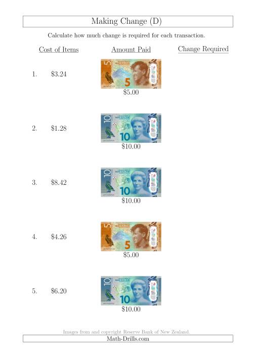 The Making Change from New Zealand Banknotes up to $10 (D) Math Worksheet