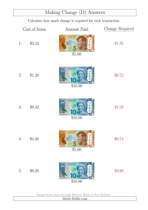 The Making Change from New Zealand Banknotes up to $10 (D) Math Worksheet Page 2