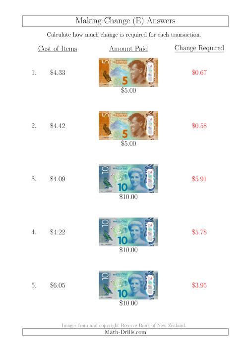 The Making Change from New Zealand Banknotes up to $10 (E) Math Worksheet Page 2