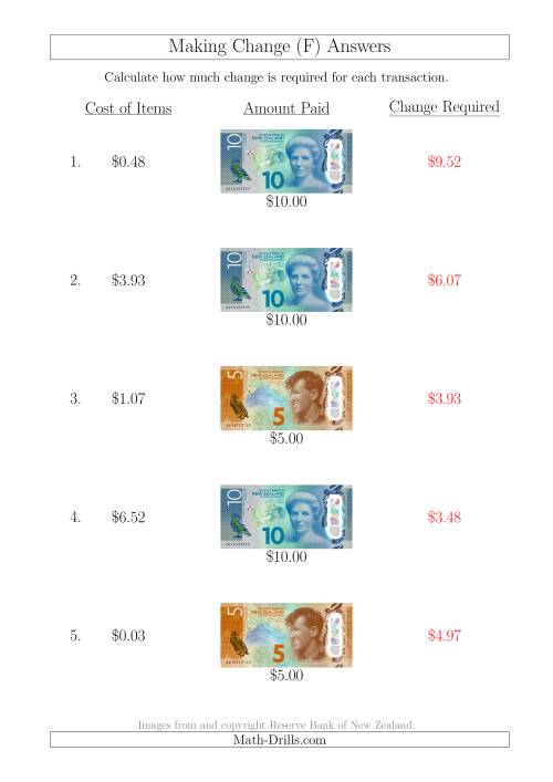 The Making Change from New Zealand Banknotes up to $10 (F) Math Worksheet Page 2