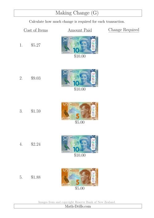 The Making Change from New Zealand Banknotes up to $10 (G) Math Worksheet