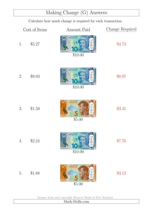 The Making Change from New Zealand Banknotes up to $10 (G) Math Worksheet Page 2