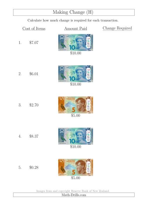 The Making Change from New Zealand Banknotes up to $10 (H) Math Worksheet