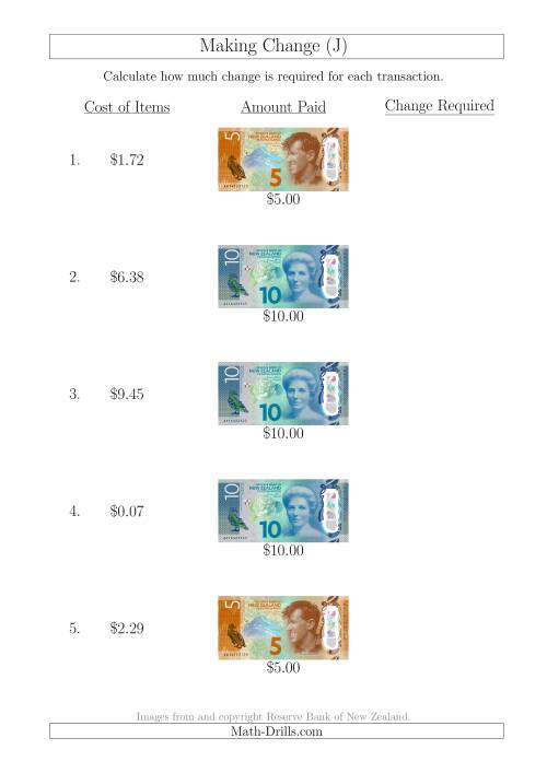 The Making Change from New Zealand Banknotes up to $10 (J) Math Worksheet