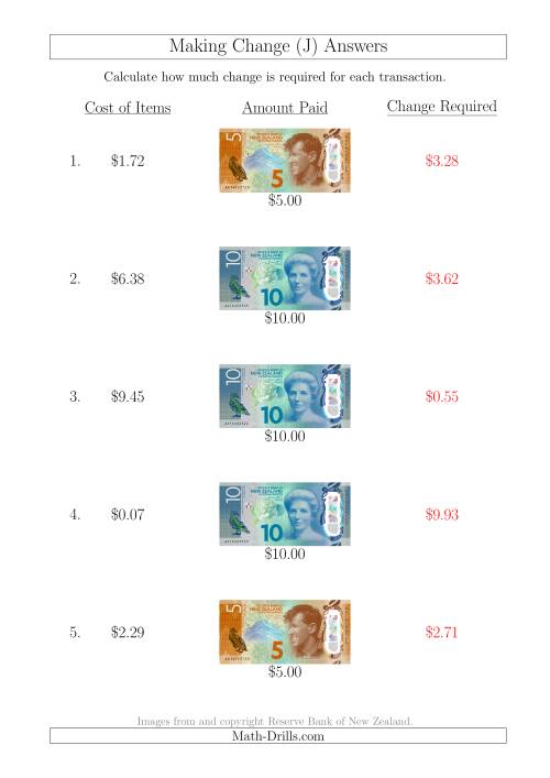 The Making Change from New Zealand Banknotes up to $10 (J) Math Worksheet Page 2