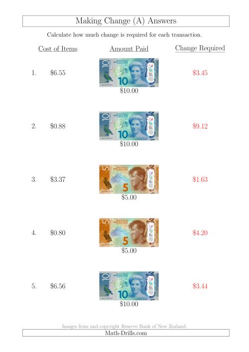 The Making Change from New Zealand Banknotes up to $10 (All) Math Worksheet Page 2