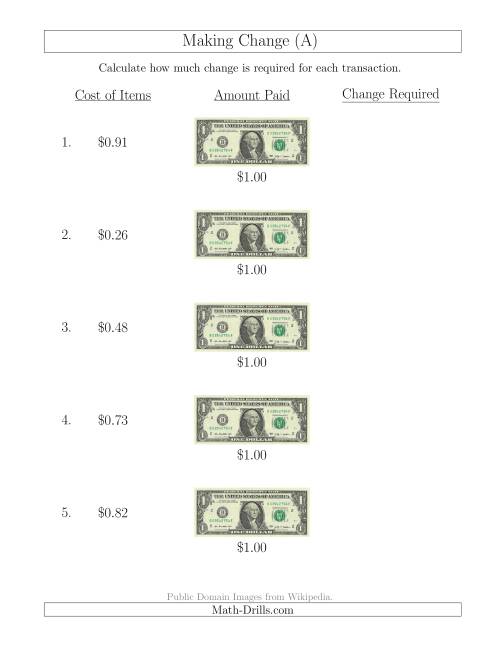 The Making Change from U.S. $1 Bills (A) Math Worksheet
