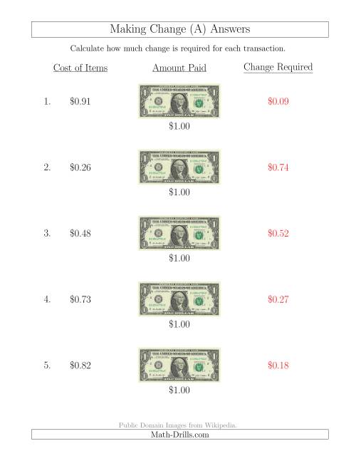 The Making Change from U.S. $1 Bills (A) Math Worksheet Page 2