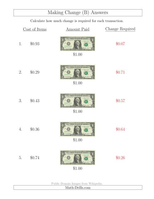 The Making Change from U.S. $1 Bills (B) Math Worksheet Page 2