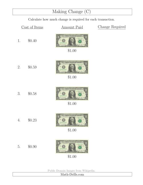 The Making Change from U.S. $1 Bills (C) Math Worksheet