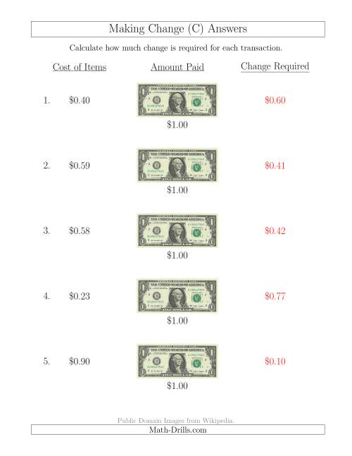 The Making Change from U.S. $1 Bills (C) Math Worksheet Page 2