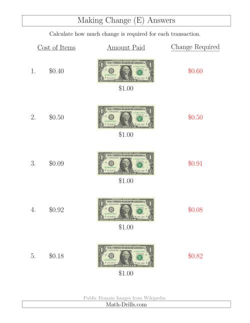 The Making Change from U.S. $1 Bills (E) Math Worksheet Page 2