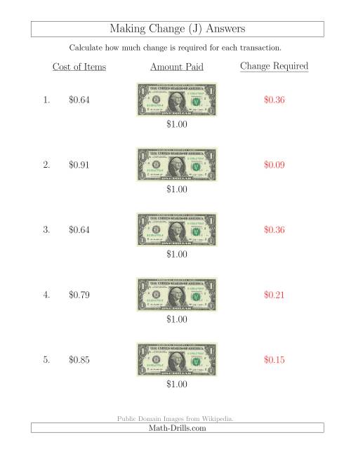 The Making Change from U.S. $1 Bills (J) Math Worksheet Page 2