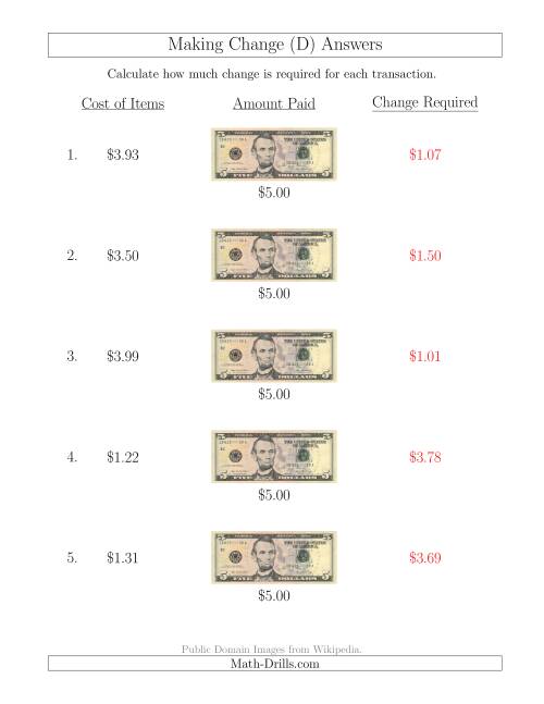 The Making Change from U.S. $5 Bills (D) Math Worksheet Page 2