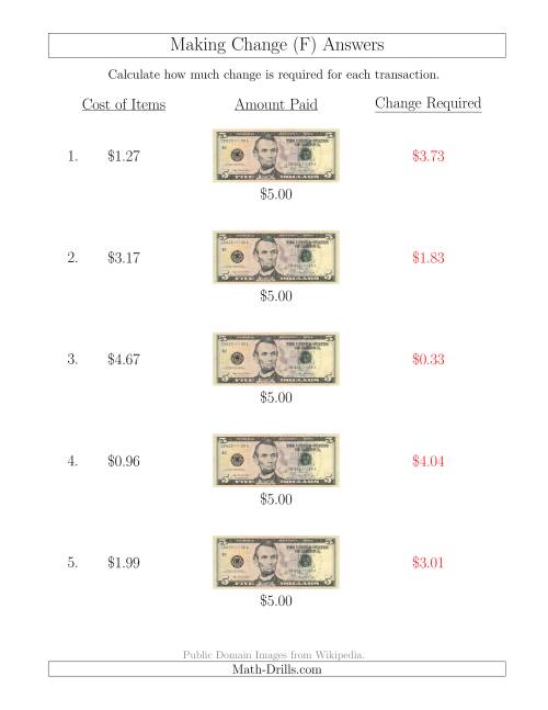 The Making Change from U.S. $5 Bills (F) Math Worksheet Page 2