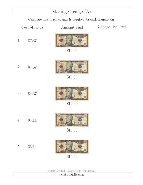 The Making Change from U.S. $10 Bills (A) Math Worksheet