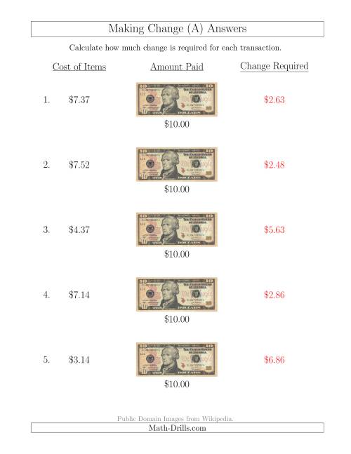 The Making Change from U.S. $10 Bills (A) Math Worksheet Page 2