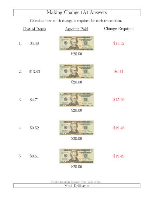 The Making Change from U.S. $20 Bills (A) Math Worksheet Page 2