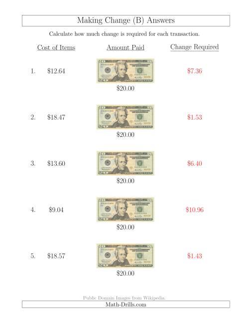 The Making Change from U.S. $20 Bills (B) Math Worksheet Page 2