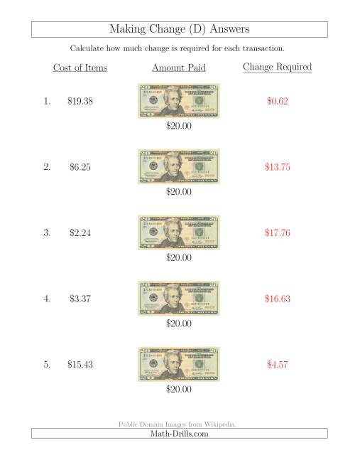 The Making Change from U.S. $20 Bills (D) Math Worksheet Page 2