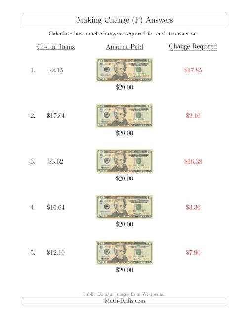 The Making Change from U.S. $20 Bills (F) Math Worksheet Page 2