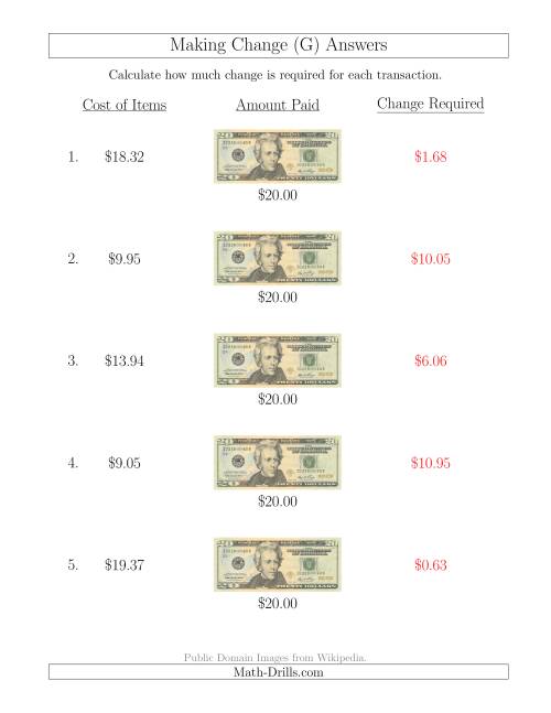 The Making Change from U.S. $20 Bills (G) Math Worksheet Page 2