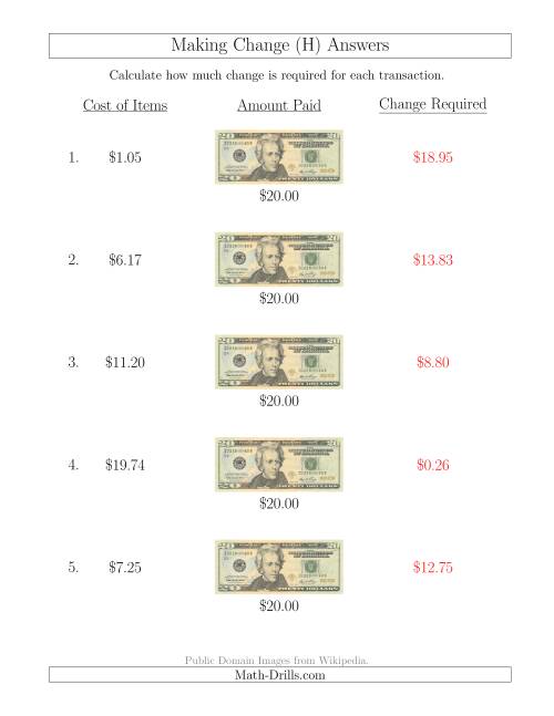 The Making Change from U.S. $20 Bills (H) Math Worksheet Page 2