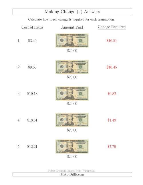 The Making Change from U.S. $20 Bills (J) Math Worksheet Page 2