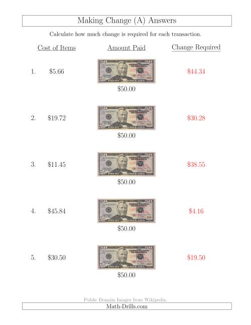 The Making Change from U.S. $50 Bills (A) Math Worksheet Page 2