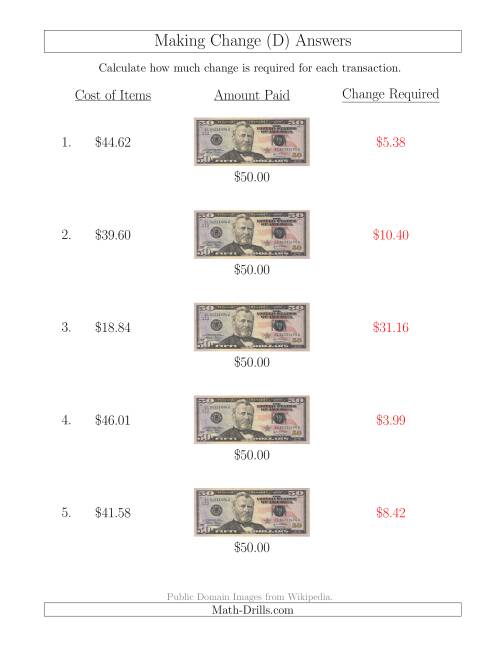 The Making Change from U.S. $50 Bills (D) Math Worksheet Page 2