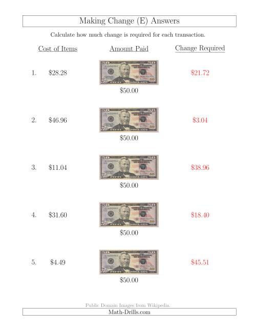 The Making Change from U.S. $50 Bills (E) Math Worksheet Page 2