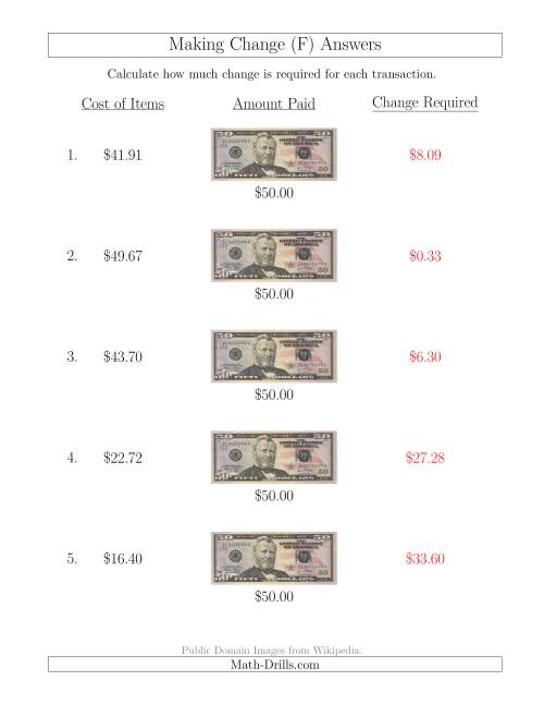 The Making Change from U.S. $50 Bills (F) Math Worksheet Page 2