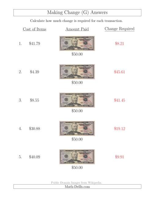 The Making Change from U.S. $50 Bills (G) Math Worksheet Page 2