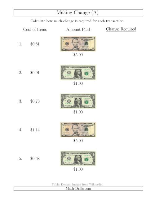 The Making Change from U.S. Bills up to $5 (A) Math Worksheet