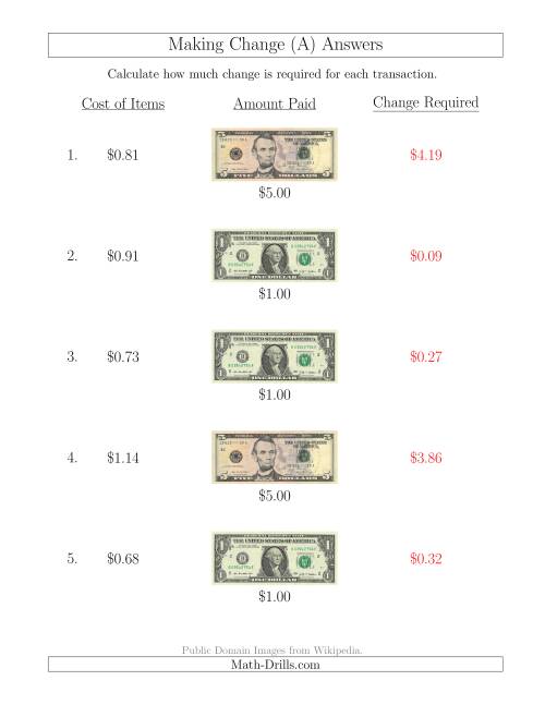 The Making Change from U.S. Bills up to $5 (A) Math Worksheet Page 2