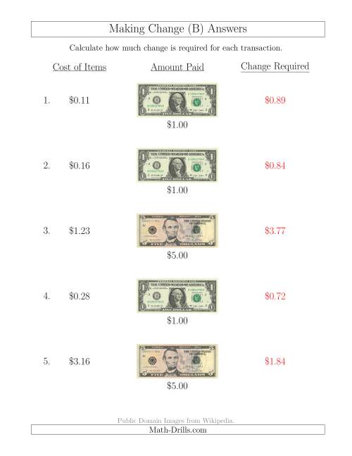The Making Change from U.S. Bills up to $5 (B) Math Worksheet Page 2