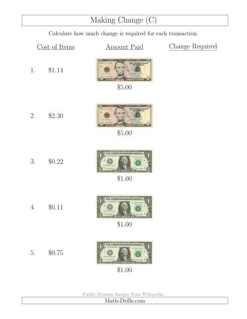 The Making Change from U.S. Bills up to $5 (C) Math Worksheet