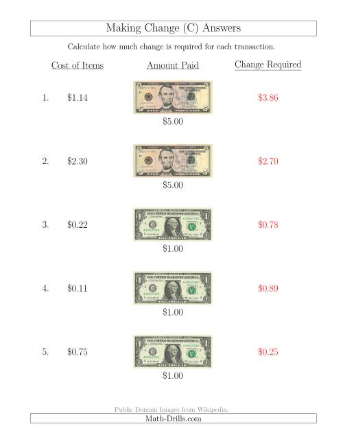 The Making Change from U.S. Bills up to $5 (C) Math Worksheet Page 2
