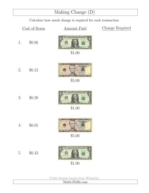 The Making Change from U.S. Bills up to $5 (D) Math Worksheet