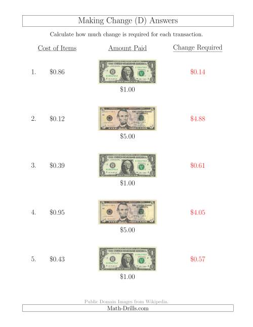 The Making Change from U.S. Bills up to $5 (D) Math Worksheet Page 2