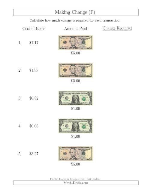 The Making Change from U.S. Bills up to $5 (F) Math Worksheet