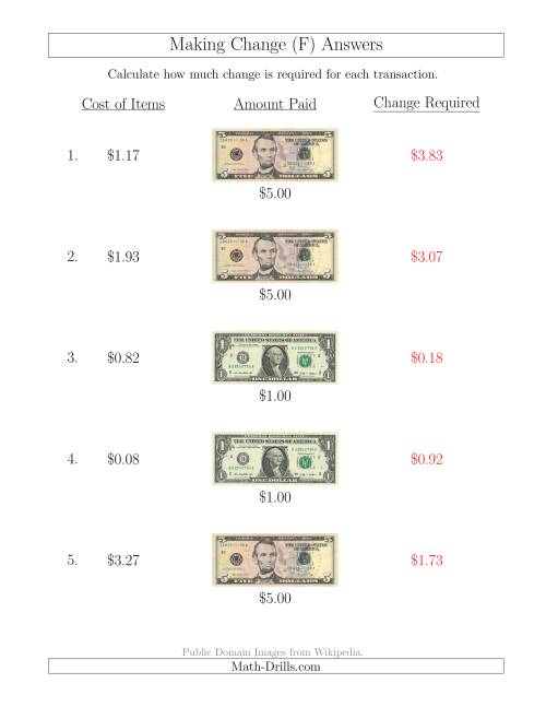 The Making Change from U.S. Bills up to $5 (F) Math Worksheet Page 2