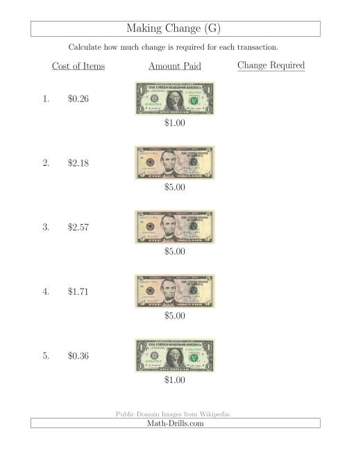 The Making Change from U.S. Bills up to $5 (G) Math Worksheet