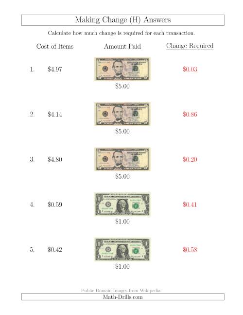 The Making Change from U.S. Bills up to $5 (H) Math Worksheet Page 2