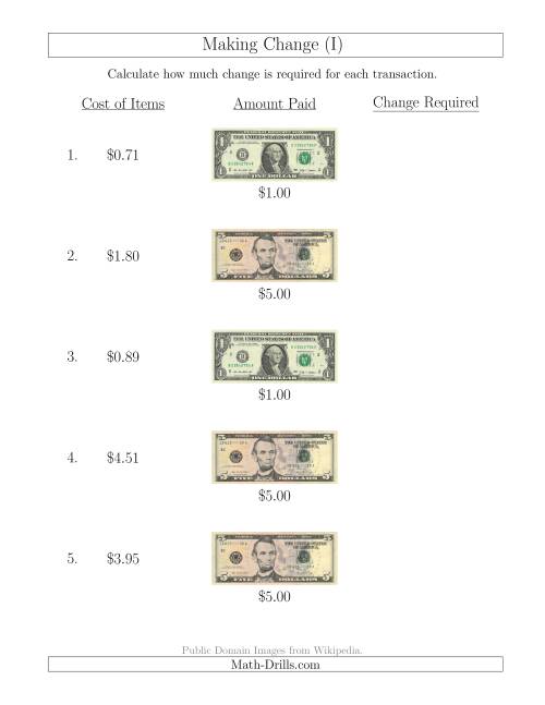 The Making Change from U.S. Bills up to $5 (I) Math Worksheet