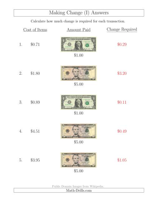 The Making Change from U.S. Bills up to $5 (I) Math Worksheet Page 2