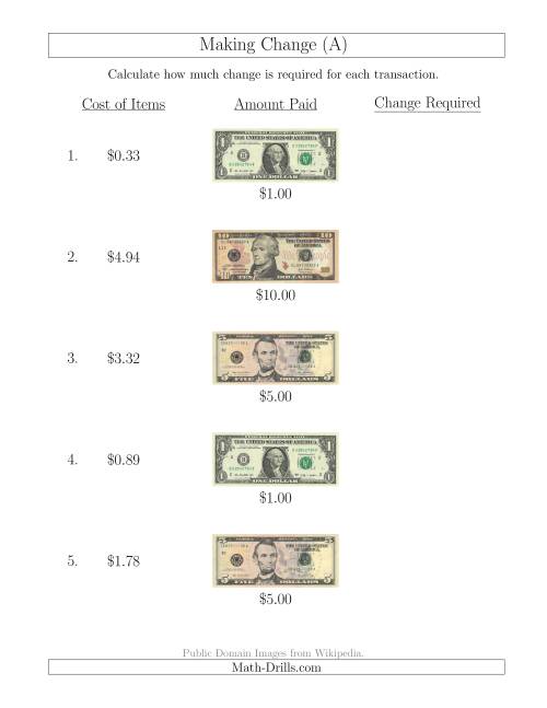 The Making Change from U.S. Bills up to $10 (A) Math Worksheet