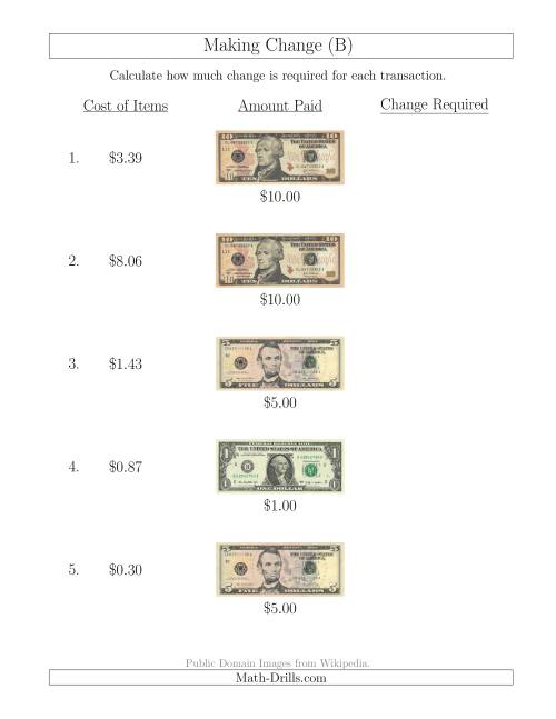 The Making Change from U.S. Bills up to $10 (B) Math Worksheet